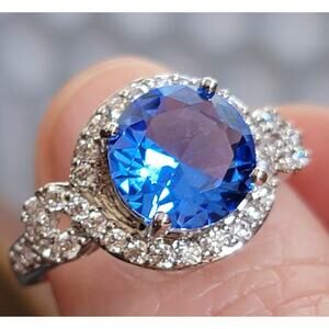 Rhodium Plated Simulated Blue Sapphire Ring - Elegant Statement - Size 10
